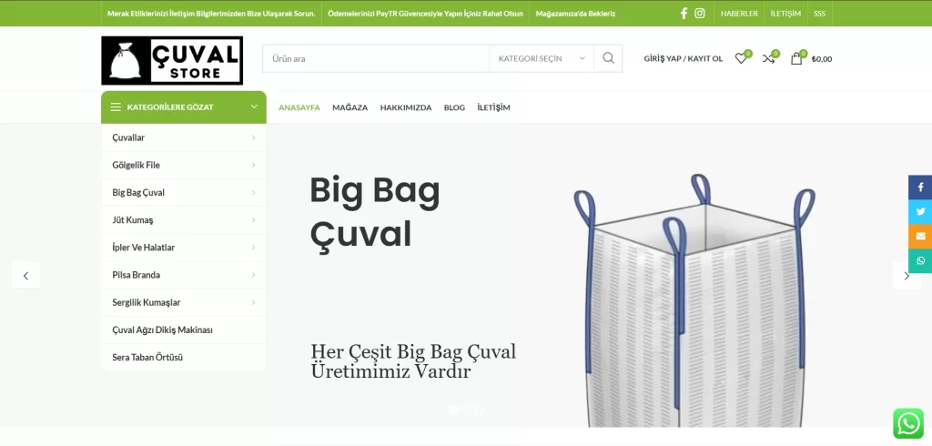 Çuval Store e-ticaret sitesi — İzmir WebStore