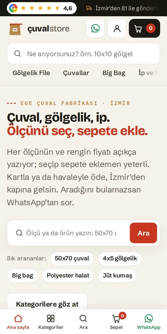 Çuval Store — mobil görünüm