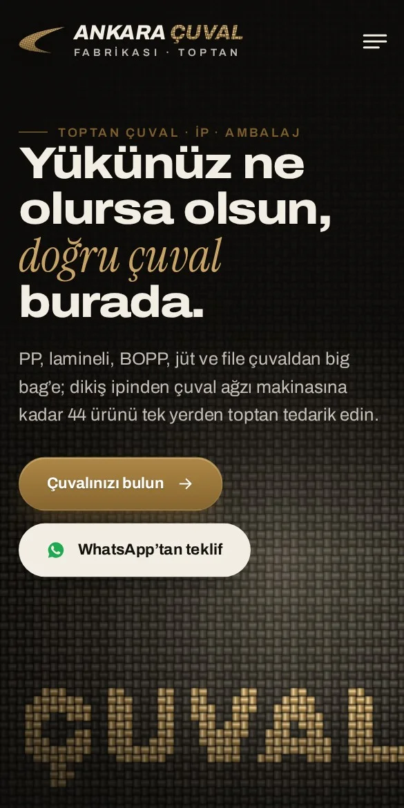 Ankara Çuval Fabrikası web sitesi, telefon görünümü
